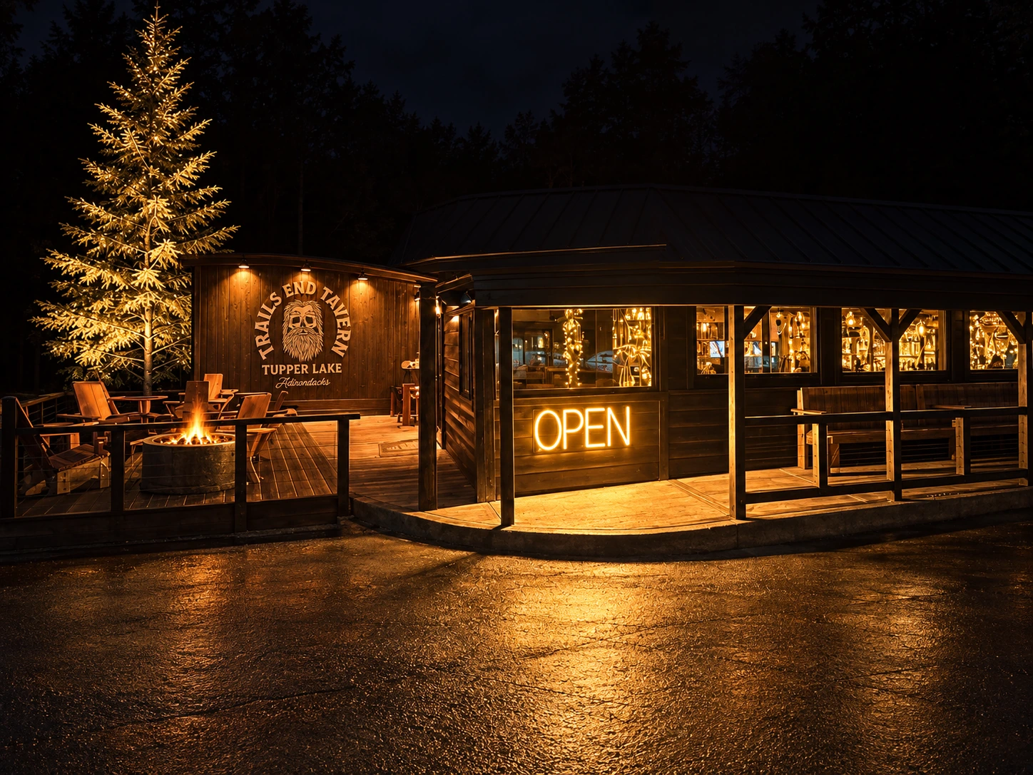 The illuminated Trails End Tavern entrance at night