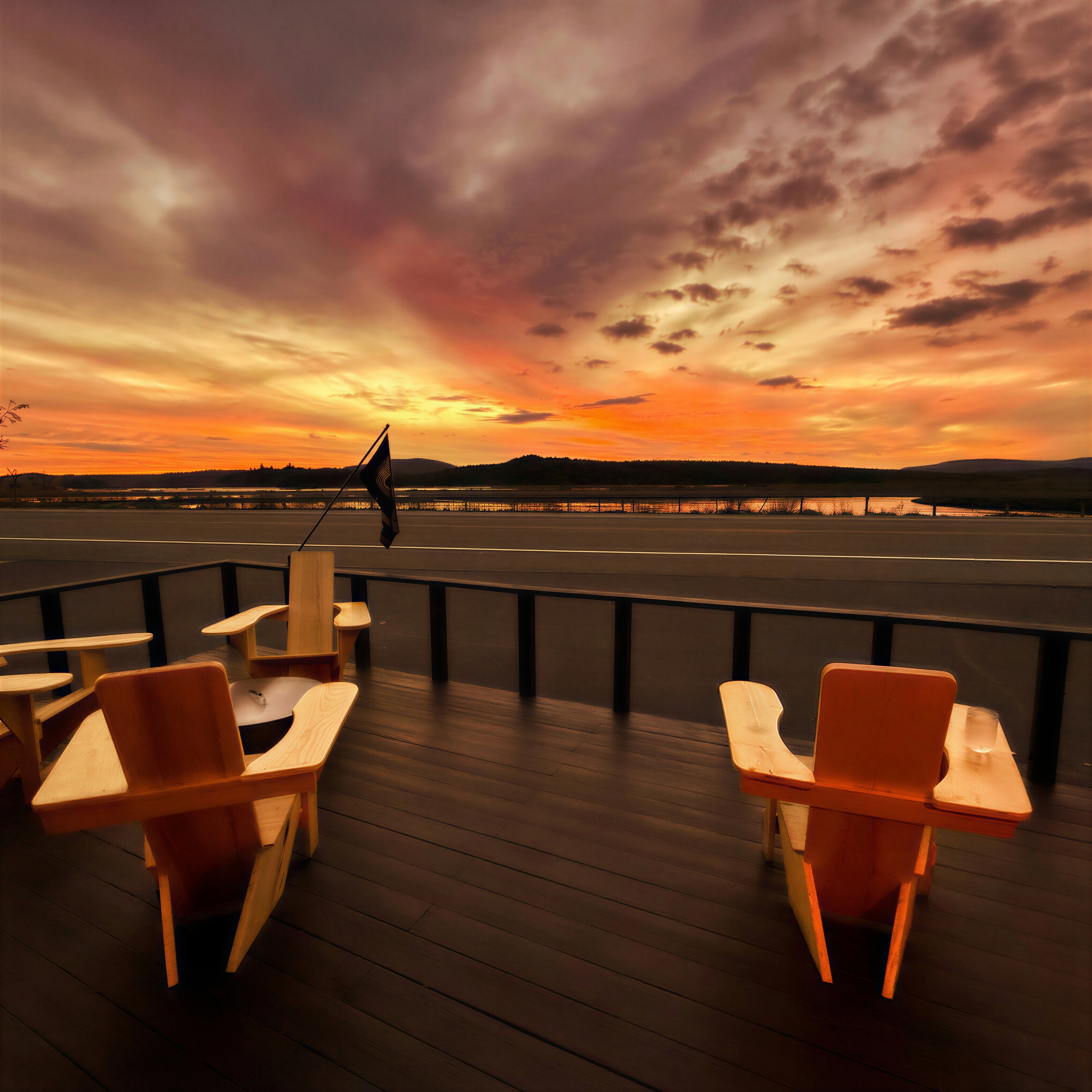 Sunset over the lake from the Trails End Tavern deck