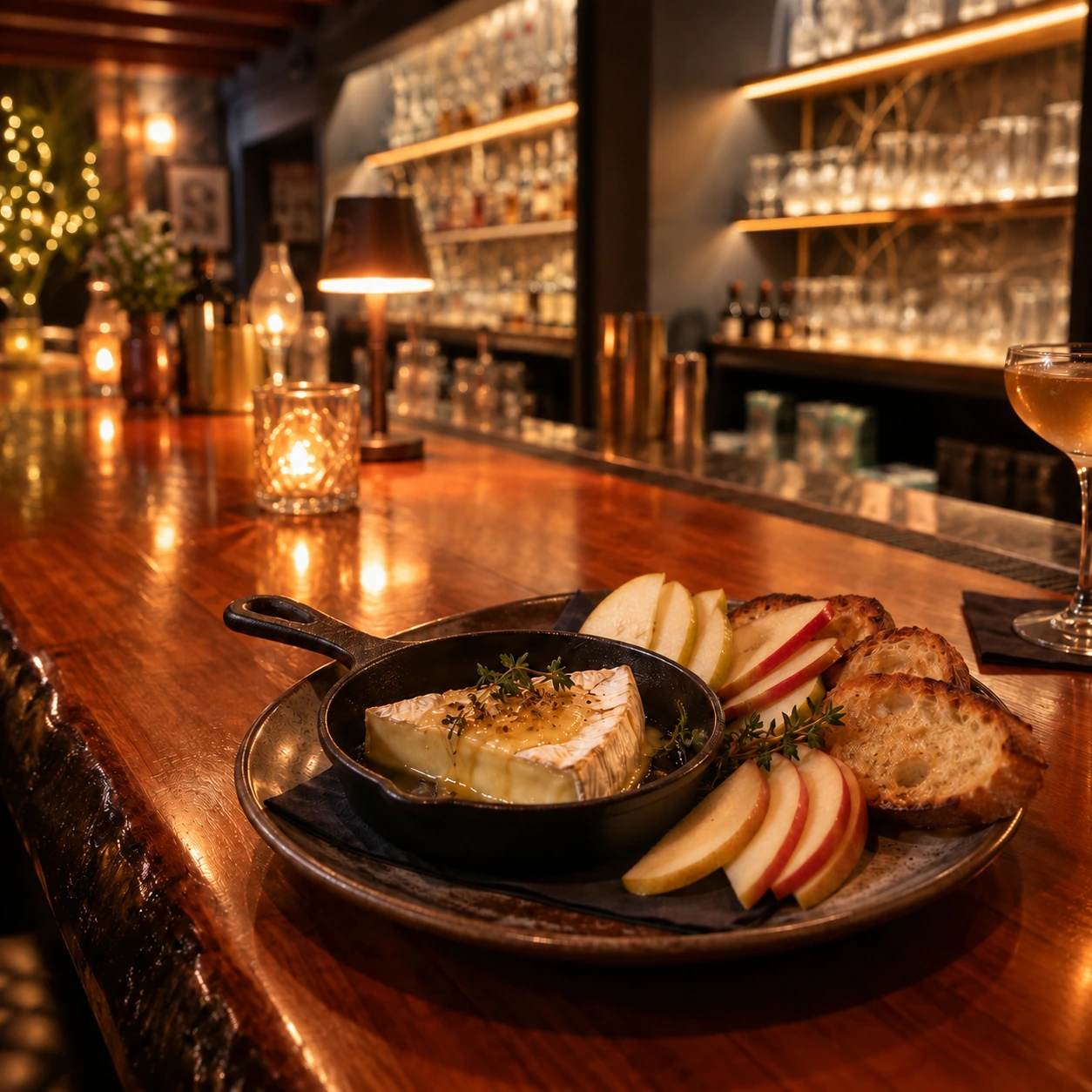 Warm brie with sliced apples and toasted bread